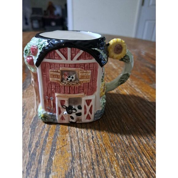 Wangs Adorable Barn Farmhouse Coffee Cup Mug Sunflower Handle Country - Picture 1 of 6